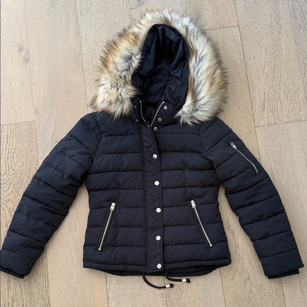 Topshop Black Puffer Jacket with Detachable Faux Fur Trim - Size 6